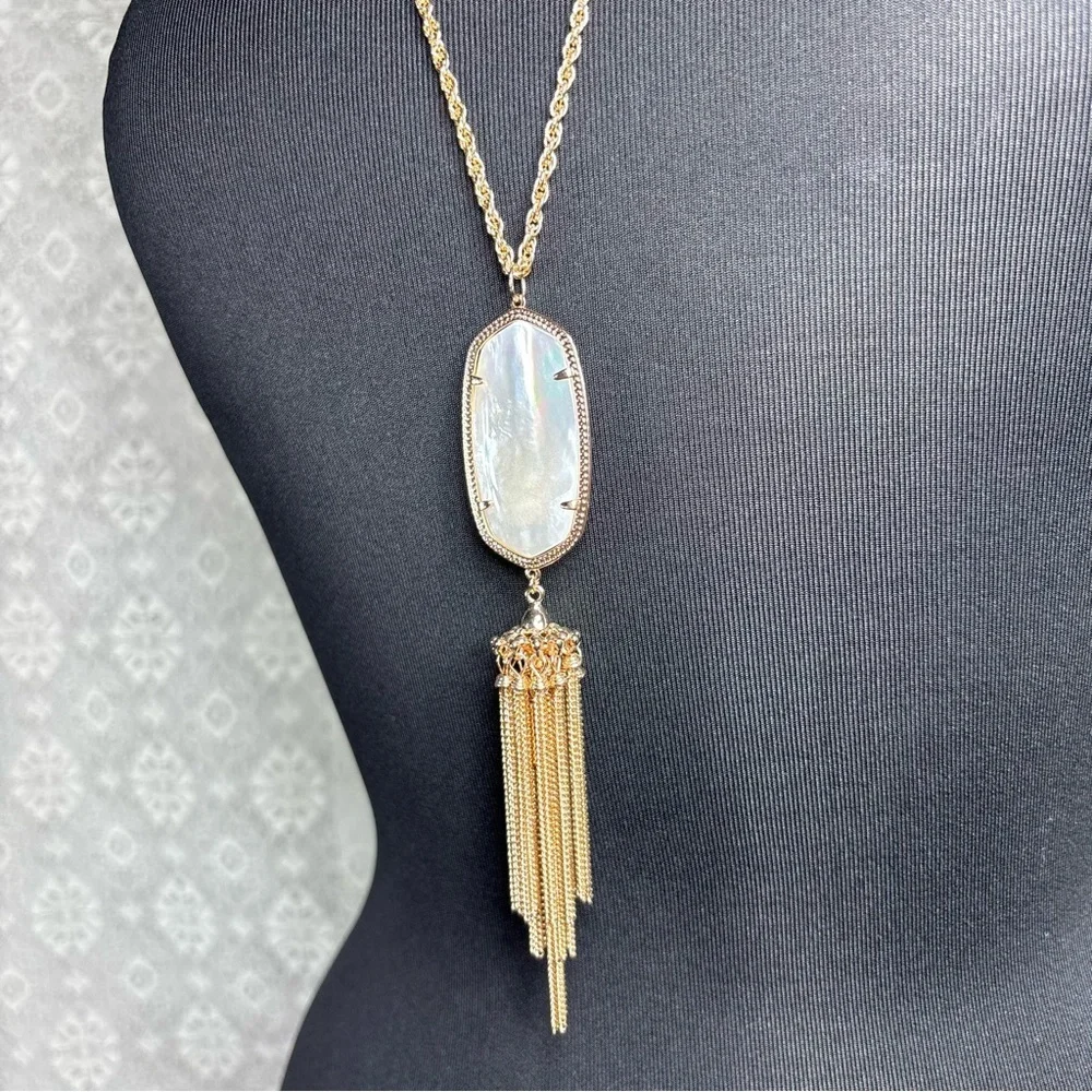 Kendra Scott Necklace Rayne 14k Gold Brass Long Rope Chain Ivory Mother of Pearl